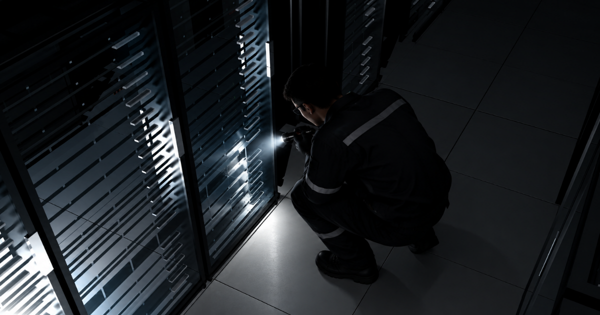 técnico agachado com lanterna inspecionando rack de servidores durante uma queda de energia